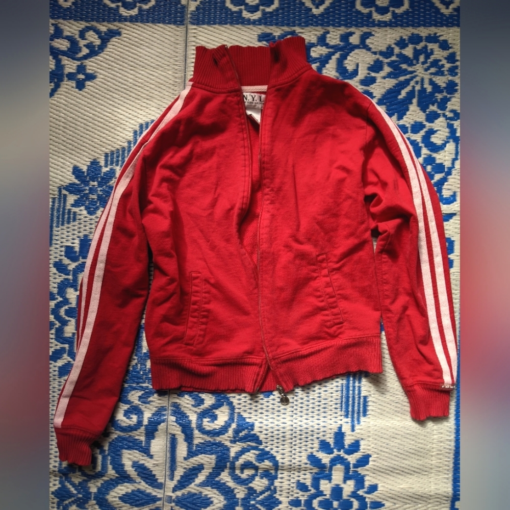NYL New York Laundry Red with White Stripes 100% Cotton Sporty Zip Up Sweater